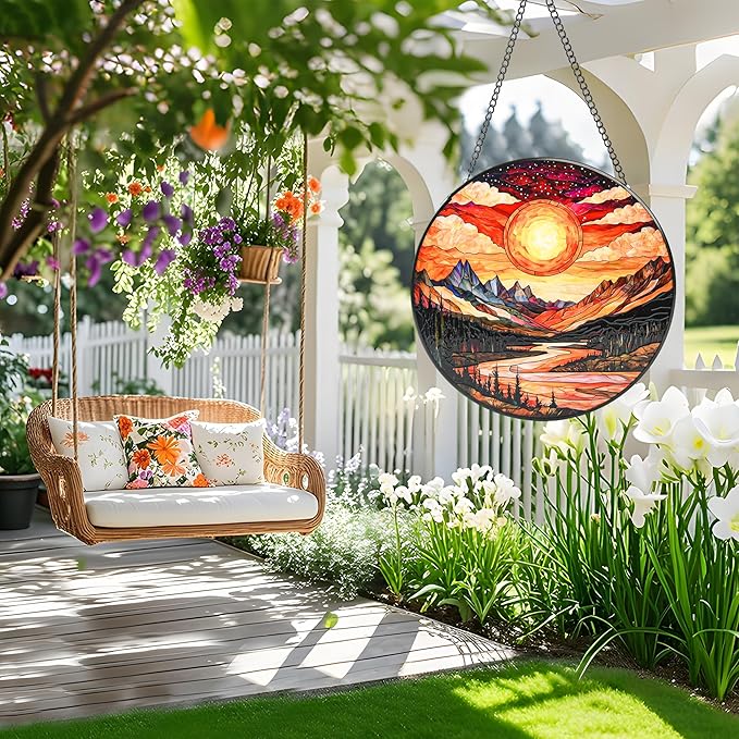 Stained Glass Window Hanging, Mountain River and Sun Suncatcher for Door Terrace Garden Kitchen Home Decor, Scenery Sun Catchers for Christmas Mother's Day Valentine's Day Gift for Women Mom 6.3 in