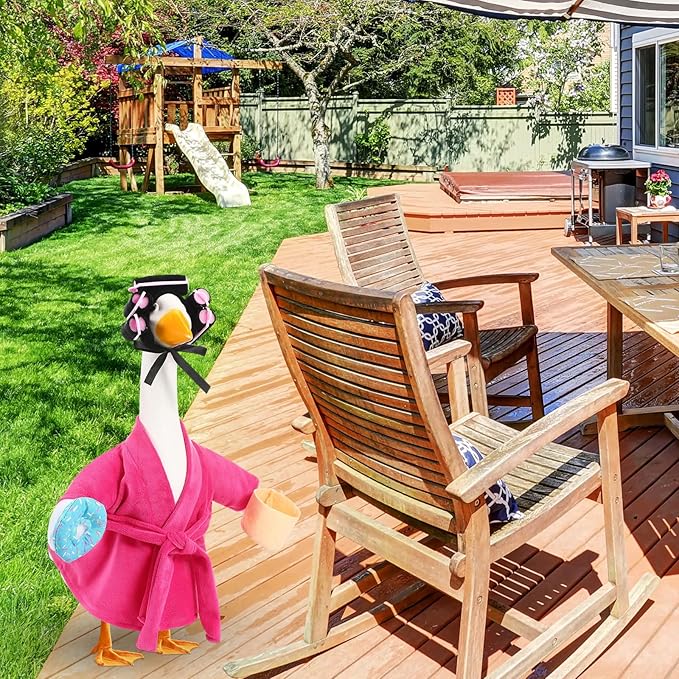 Shyyween Lady Porch Goose Outfit for 17'' Cement Plastic Lawn Goose Statue Clothes Pink Bathrobe Coffee Cup Curlers for Outdoor Garden Yard Patio Decoration