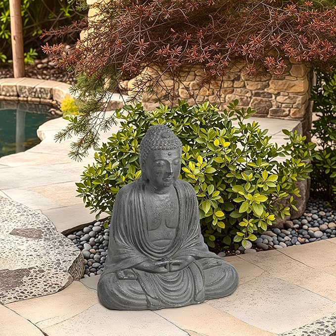 LuxenHome Buddha Statue Outdoor and Indoor, 17" Fiber Stone Meditating Buddha Garden Statues Outdoor, Zen Sculptures, Outdoor Statues for Garden, Patio, Backyard Deck