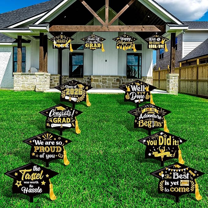Chunful 12 Pack Graduation Yard Signs Grad Decoration 2026 Happy Graduate Lawn Garden Sign with Stake Congrats Outdoor Plastic Cap Hanging Ornament for Class Pathway Walkway Porch Party(Black)