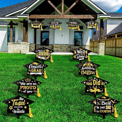 Chunful 12 Pack Graduation Yard Signs Grad Decoration 2026 Happy Graduate Lawn Garden Sign with Stake Congrats Outdoor Plastic Cap Hanging Ornament for Class Pathway Walkway Porch Party(Black)