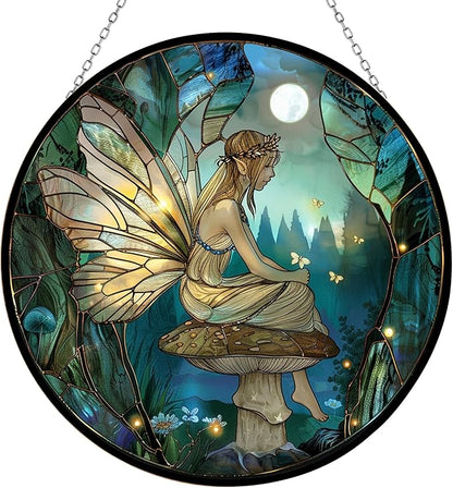 Fairy Mushroom Suncatcher Stained Glass Window Hanging, 12'' UV-Print Floral Sun Catcher Window Wall Decor with Chain, Birthday Gifts for Mom Grandma Wife
