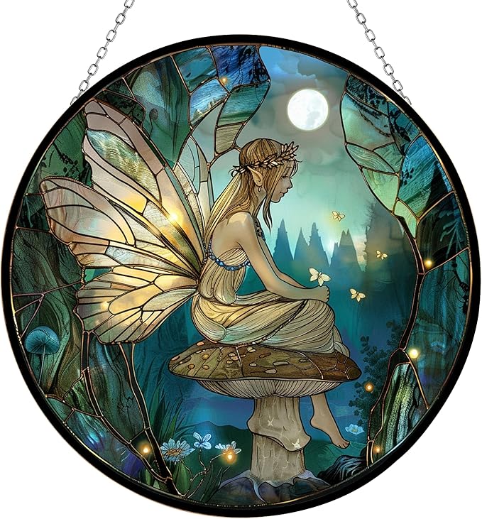 Fairy Mushroom Stained Glass Window Hanging Sun Catcher Halloween Haning Ornament Decoration Christmas Birthday Gifts for Lover and Friends