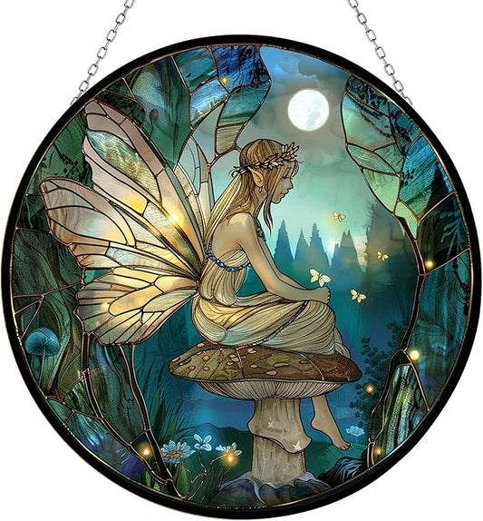 Fairy Mushroom Stained Glass Window Hanging Sun Catcher Halloween Haning Ornament Decoration Christmas Birthday Gifts for Lover and Friends