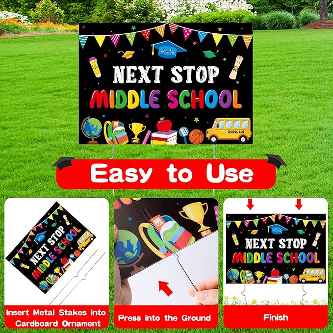 5th Grade Grad Yard Sign - Class of 2026 Elementary Graduate Lawn Sign with Stake Next Stop Middle School Congrats Graduation Waterproof Party Decorations Favors for Outdoor Garden Photo Booth Props