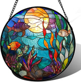 Stained Glass Window Hanging - Blue Ocean World Small Fish Coral Sun Catcher for Door Garden Home Decor Sea Suncatcher Christmas Mother's Day Birthday Gifts for Women Men Mom Nana 11.8 in