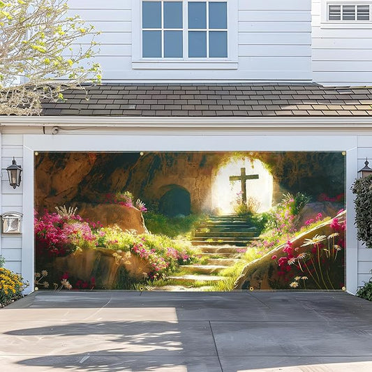 Easter Garage Door Banner 157.5x70.9in Large Spring Garage Door Cover Outdoor Holiday Decorations for House Exterior Yard Decor with Grommets and Rope