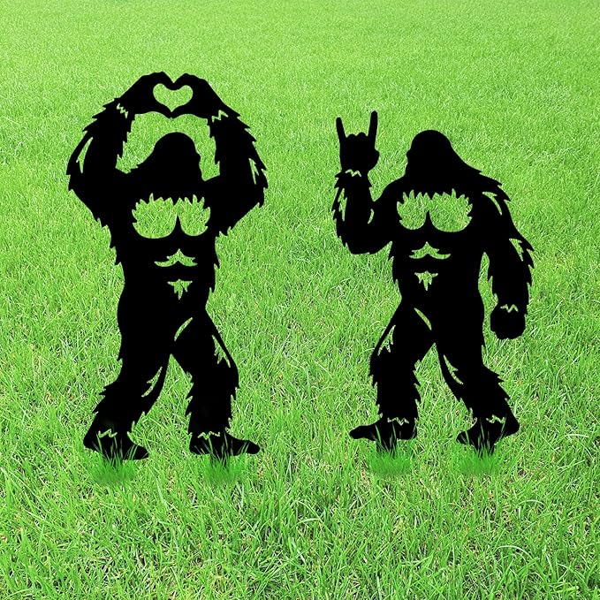 GLOBLELAND 2pcs Savage Mental Garden Stakes Black Silhouette Sasquatch Decorative Yard Stakes Trees Metal Outdoor Art Decor for Yard Patio Lawn Walkway Ornament