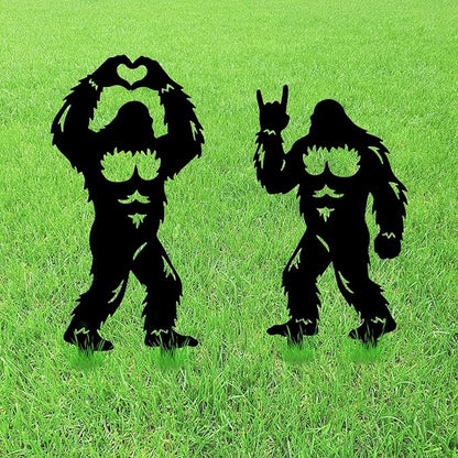 GLOBLELAND 2pcs Savage Mental Garden Stakes Black Silhouette Sasquatch Decorative Yard Stakes Trees Metal Outdoor Art Decor for Yard Patio Lawn Walkway Ornament