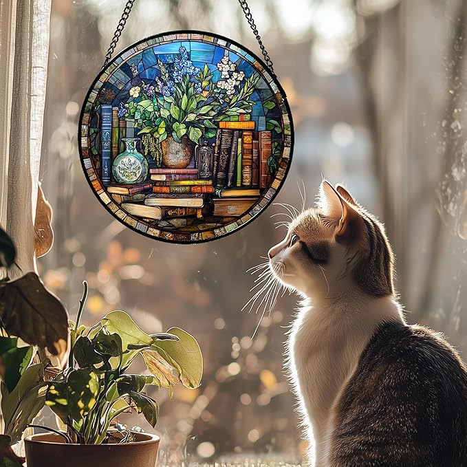 Stained Glass Window Hanging Teal Flower Vintage Books 9.8" - Blue Suncatcher Door Garden Sun Catcher Home Decor Birthday Christmas for Mom Men Woman Nana Friend