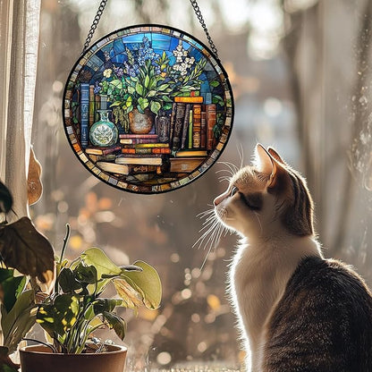 Stained Glass Window Hanging Teal Flower Vintage Books 9.8" - Blue Suncatcher Door Garden Sun Catcher Home Decor Birthday Christmas for Mom Men Woman Nana Friend