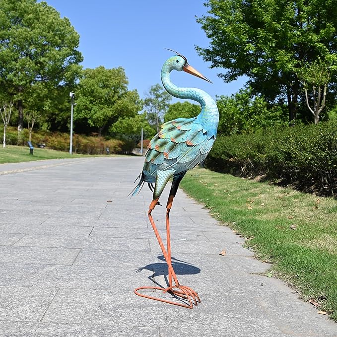 Garden Decor Blue Heron Yard Art Decor Large Metal Cranes Statues for Outdoor Indoor Decorations, Outside Patio, Pool, Lawn (Blue)