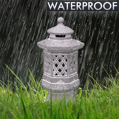 TERESA'S COLLECTIONS Pagoda Garden Statues with Solar Outdoor Light, Resin Zen Garden Lantern Asian Decor Outdoor Statues Lawn Ornaments Patio Porch Yard Decor Gifts for Dad 10.4"