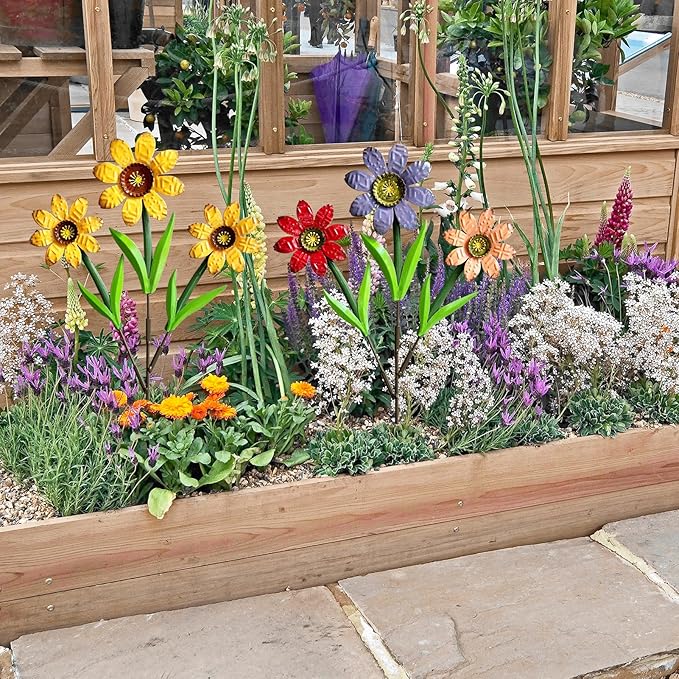 HUTHDAK Metal Flowers for Outside,2 Pack Large Colorful Decorative Garden Stakes Yard Art,Spring Garden Decor for Lawn, Pathway & Garden(21.9 * 12IN)