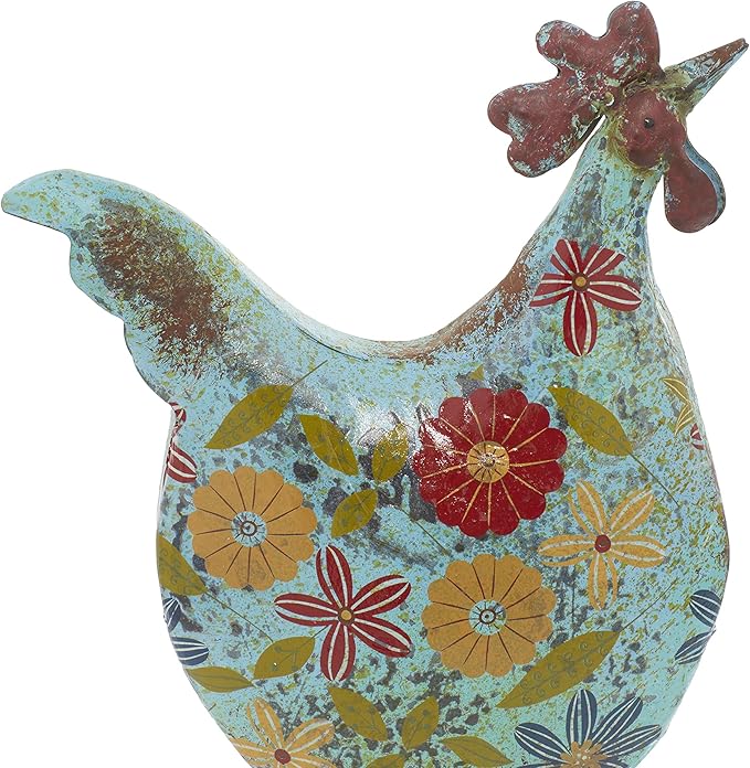 Deco 79 Eclectic Metal Garden Chicken Sculpture, 10" L x 5" W x 17" H, Multi Colored/Blue (Pack of 6)