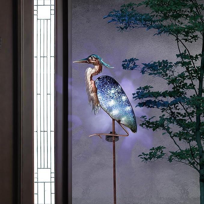 TERESA'S Collections Blue Heron Garden Decor for Outside Solar Lights, 39" Glass Lawn Ornaments with Outdoor Lights Decorative Stake, Yard Art Decorations Outdoor for Patio Gifts for Mom Grandma