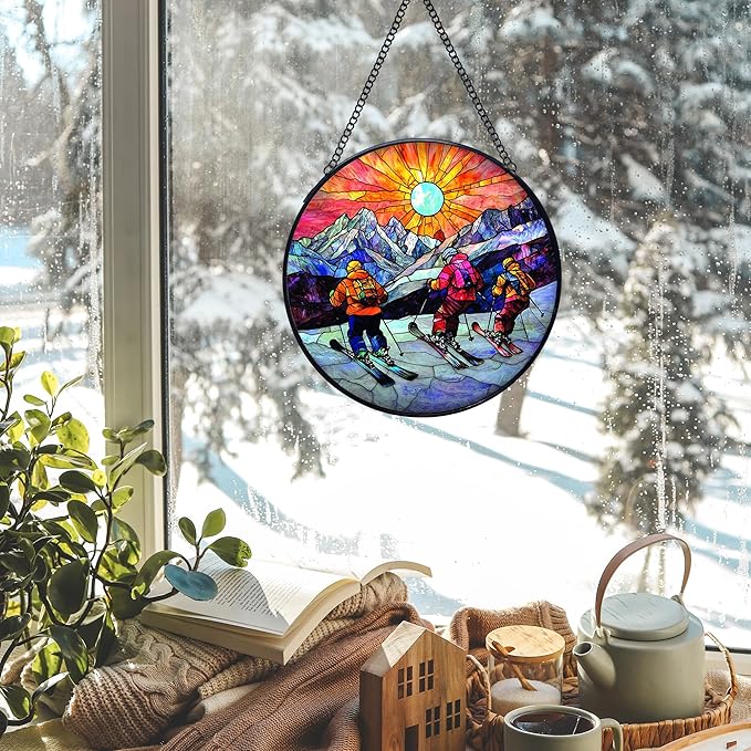 Winter Skiing Stained Glass Window Hanging Suncatchers, Ski Lover Gifts for Women Men Sun Catchers Indoor Window Glass Wall Art Decor, Winter Ski Wall Hanging Decorations Sculptures, 7.9x7.9in