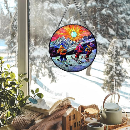Winter Skiing Stained Glass Window Hanging Suncatchers, Ski Lover Gifts for Women Men Sun Catchers Indoor Window Glass Wall Art Decor, Winter Ski Wall Hanging Decorations Sculptures, 7.9x7.9in