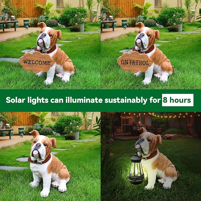 English Bulldog Garden Statue with Solar Lantern, Realistic Dog Sculpture, Birthday Gift for Women Mom Grandma, Housewarming Gift for New Home, Outdoor Resin Puppy Decor,Fawn