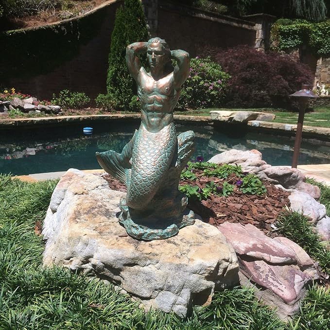 homestyles 21 in. Sexy Triton Merman Male Mermaid on Nautical Rock Bronze Patina Beach and Pool Statue