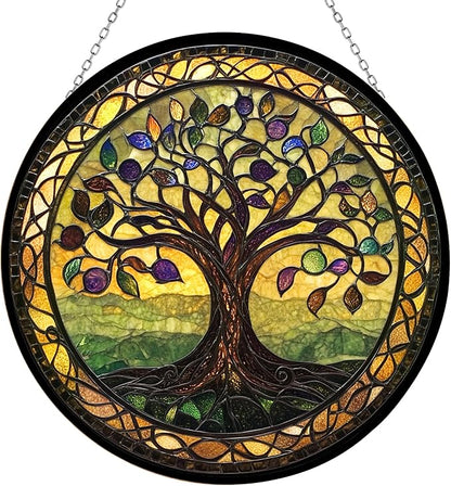 Tree of Life Stained Glass Window Hanging Window Suncatcher 12" Glass Panel with Metal Chain Sun Catchers Wall Art Home Decor Gift for Women Mother's Day (12”x12”)