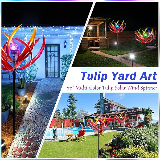 Wind Spinners Outdoor for Yard and Garden - Wind Sculptures & Spinners - 70 Inch Wind Spinner with Solar Powered Multi-Color Glass Ball Light for Yard Garden Backyard Lawn Decorations -Red and Gold