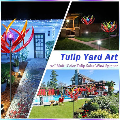 Wind Spinners Outdoor for Yard and Garden - Wind Sculptures & Spinners - 70 Inch Wind Spinner with Solar Powered Multi-Color Glass Ball Light for Yard Garden Backyard Lawn Decorations -Red and Gold