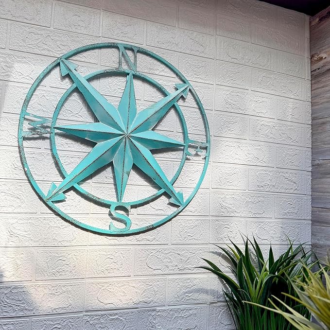 Zeckos 20.25 Inch Aqua Metal Compass Rose Wall Decor, Distressed Coastal Nautical Compass Star Round Wall Art for Entryway, Living Room, Bedroom, Hallway or Beach House