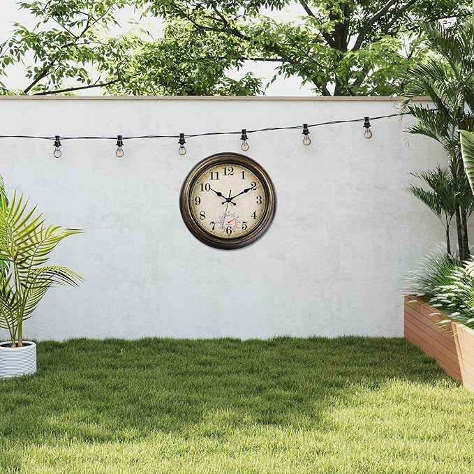 Outdoor Clocks Waterproof with Thermometer Vintage Wall Clock Decor for Bathroom Patio Pool Garden(12 Inch)