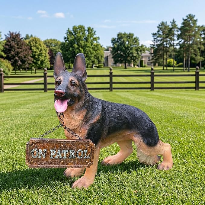 German Shepherd Garden Statue with Solar Lantern, Lifelike Dog Outdoor Decor with Interchangeable Welcome & On Patrol Sign, Waterproof Resin Animal Figurine for Porch, Yard, Patio, Dog Lover Gift