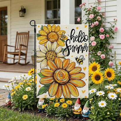 CROWNED BEAUTY Hello Summer Garden Flag Sunflowers 12x18 Inch Double Sided Small Floral Seasonal Holiday Decoration for Outside Yard