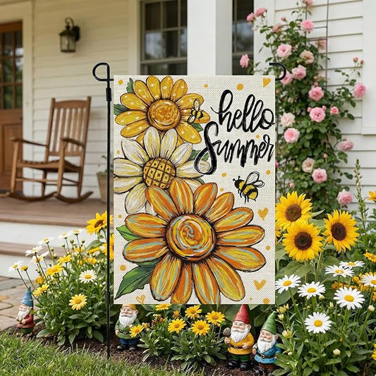 CROWNED BEAUTY Hello Summer Garden Flag Sunflowers 12x18 Inch Double Sided Small Floral Seasonal Holiday Decoration for Outside Yard