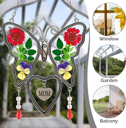 Butterfly Suncatcher Plus Mom Stained Glass Heart with Cross Charm, Window Hanger Sun Catcher with Real Flower Pressed on Wings Wind Chime Ornament for Gift fow Women Mother’s Day, Birthday