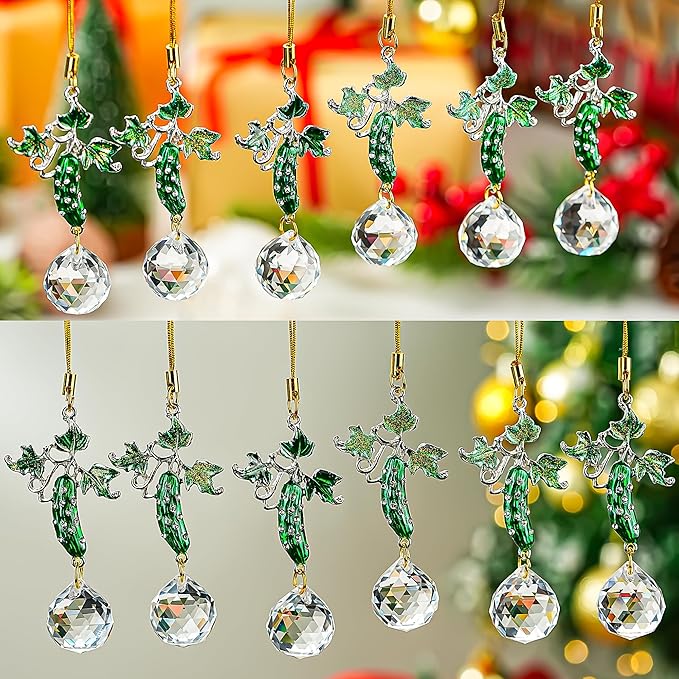 H&D HYALINE & DORA Set of 6 Rhinestones Pickle Crystal Suncatcher Pendant Cucumber Rainbow Pickle Sun Catcher Onraments for Tree Windows Garden Home Decor