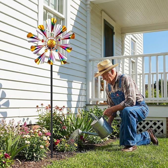 Solar Wind Spinner Outdoor - Metal Kinetic Garden Sculptures with Color Changing LED Crackle Glass Ball, Waterproof Wind Mill Stake for Yard, Patio, Lawn, and Pathway Decoration (Multi-Color)