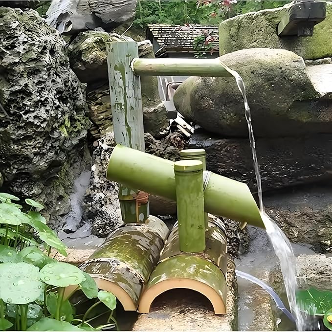 Powered Bamboo Water Fountain, Fountain Japanese Garden Waterfall Nozzle Outdoor 100% Handmade, Decor，