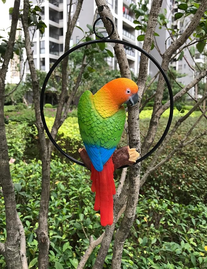 Ruerlity Hanging Parrot Statue Sculpture On Ring Lawn Ideal Decor for Patio Home and Garden