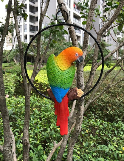 Ruerlity Hanging Parrot Statue Sculpture On Ring Lawn Ideal Decor for Patio Home and Garden