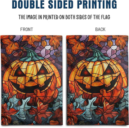 Spooky Pumpkin House Flag Scary Halloween Flags for Outside 28x40 Double Sided Large Stained Glass Fall Garden Flags Autumn Yard Flag for Outdoor Porch Lawn Farmhouse Thanksgiving Decor