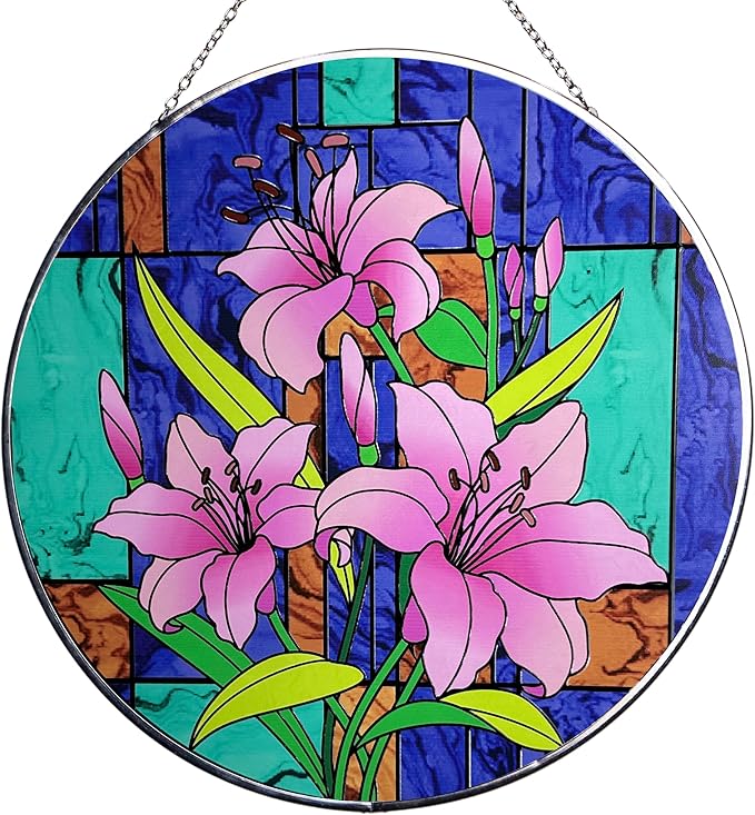 Hanway Suncatcher in Colorful Stained Glass 12" Dia - Genuine Brightly Colored Glass, Protective Metal Edge, Ready to Use Hanging Chain, for Window, Garden (Lily)