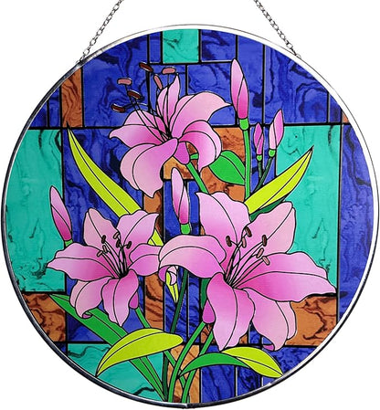 Hanway Suncatcher in Colorful Stained Glass 12" Dia - Genuine Brightly Colored Glass, Protective Metal Edge, Ready to Use Hanging Chain, for Window, Garden (Lily)