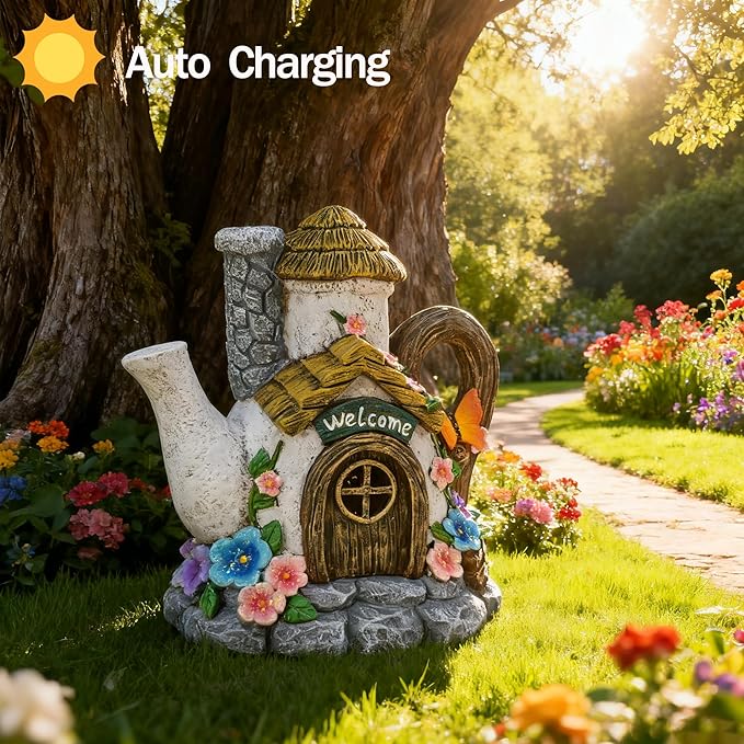 Suyorpe Fairy Garden Houses Solar Decor - Garden Statues Teapot House for Patio, Yard, Balcony Decoration, Outdoor Decor Yard Gifts for Mom Women