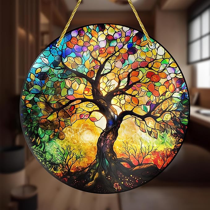 Tree of Life Stained Window Hangings with Chain – Decorative Acrylic Ornament for Windows, Walls, Doors and Gardens, Suitable for Birthday, Mother's Day and Housewarming Gifts