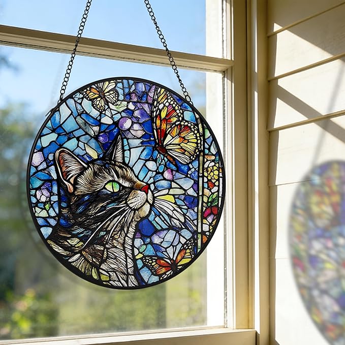 AELS Stained Glass 7.87" Round Suncatcher, Colorful Sun Catcher for Home Garden Window Decor, Window Hanging Ornament Gift for Friends and Family, Cat and Butterfly
