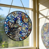 AELS Stained Glass 7.87" Round Suncatcher, Colorful Sun Catcher for Home Garden Window Decor, Window Hanging Ornament Gift for Friends and Family, Cat and Butterfly