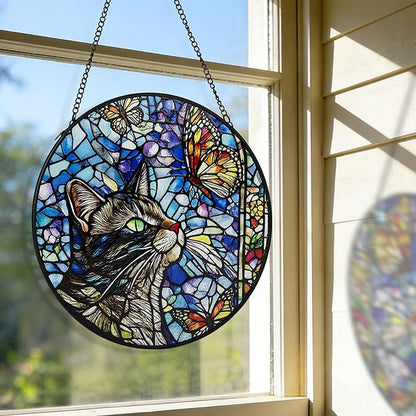 AELS Stained Glass 7.87" Round Suncatcher, Colorful Sun Catcher for Home Garden Window Decor, Window Hanging Ornament Gift for Friends and Family, Cat and Butterfly