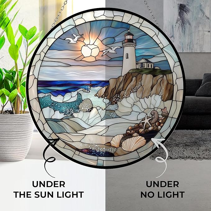 Coastal Lighthouse Stained Glass Sun Catcher Mountain Stained Glass Window Hanging, Suncatchers Lavender Wall Decor, for Women/Friends/Lover