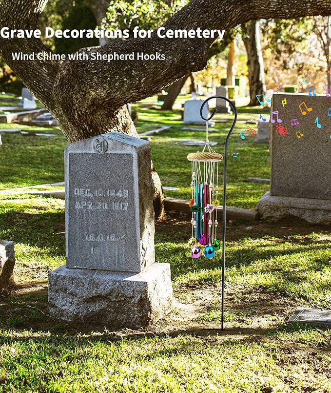Cemetery Grave Wind Chime with Shepherds Hook, Headstones Windchime for Grave, Grave Decorations Memorials Sympathy Gifts for Loss of Loved Ones