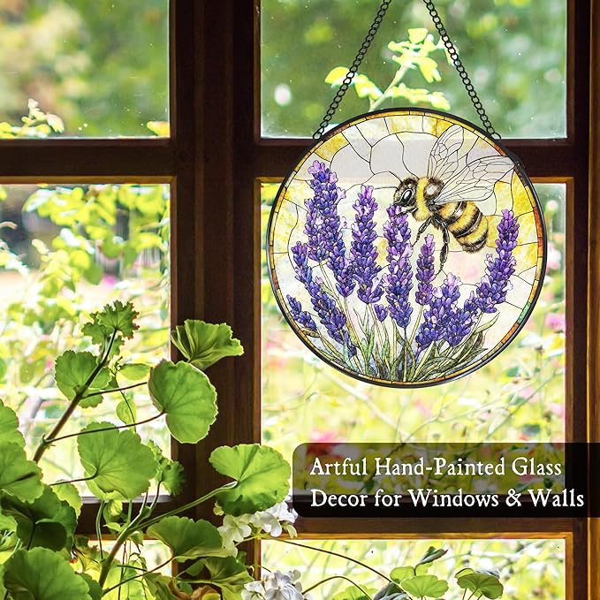 Vintage Bee Lavender Stained Glass Window Hanging Suncatcher, Bumble Bee Flowers Sun Catcher Indoor Window Decor, Rustic Purple Painted Glass Round Wall Hanging Decorations, 7.8x7.8 in