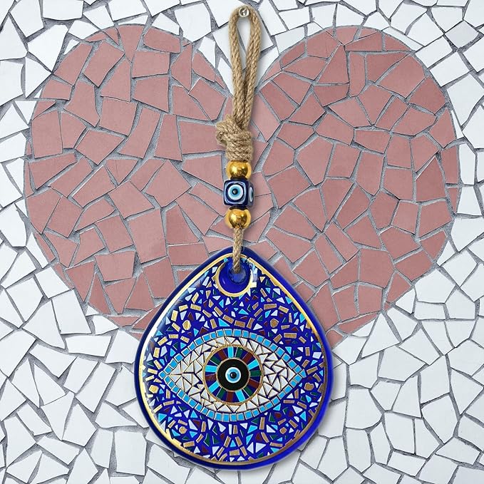 Mosaic Water Drop Evil Eye | The Thickest & Most Durable Glass Hanging Decor and Suncatcher | Positivity - Art - Charm | Indoor & Outdoor | Ojo Turco | Boho Protection Ornament | Turkish Nazar Amulet